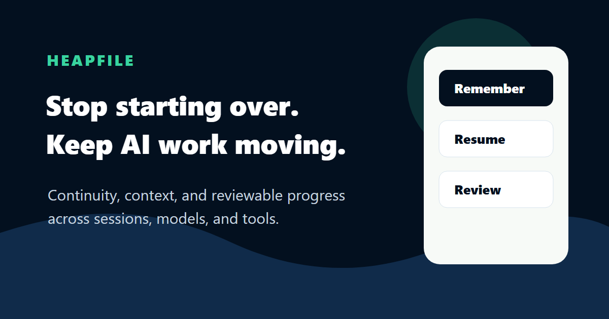 HeapFile continuity artwork with remember, resume, and review steps.
